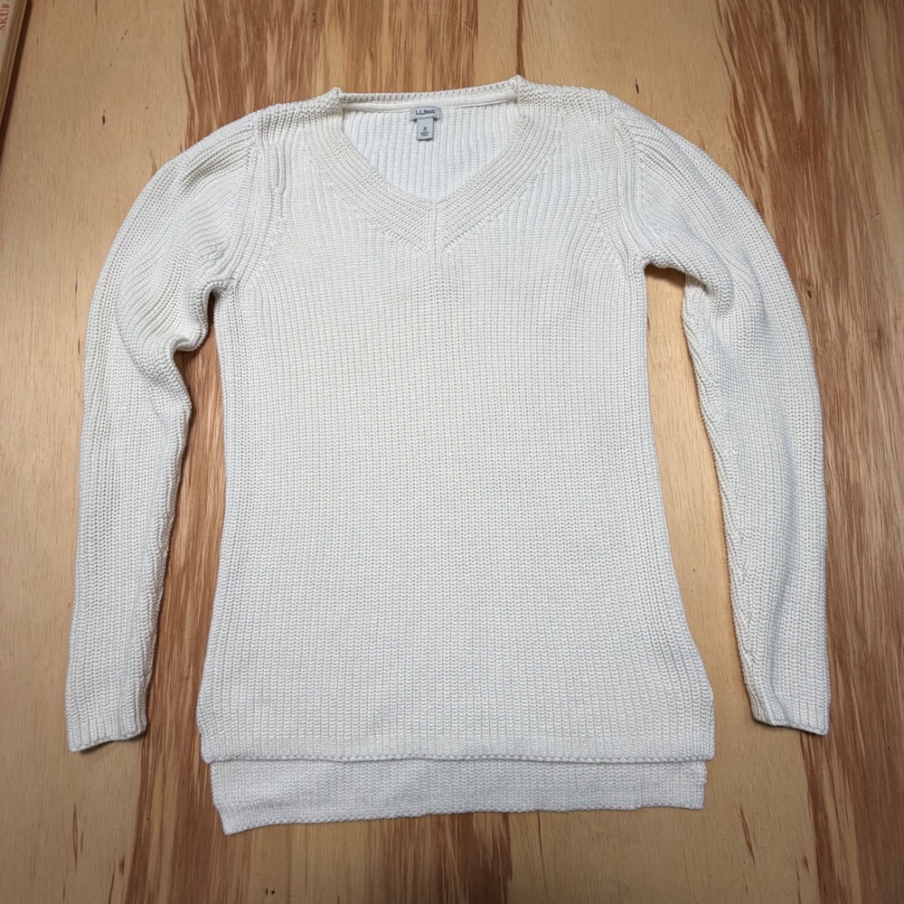 L.L.Bean Cotton V-Neck‎ Sweater Women's M Ivory Knit Pullover 100% Cotton